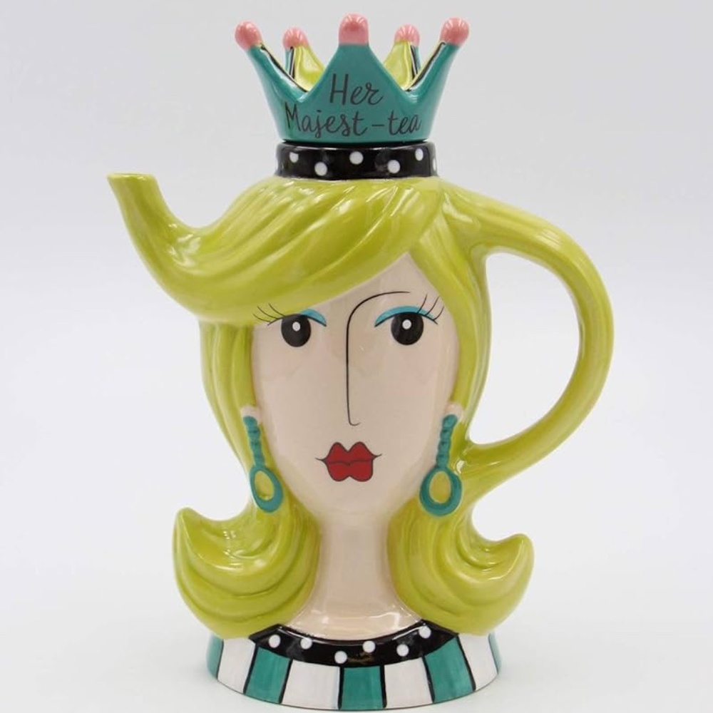 Fine Porcelain Dollymama Her Majest-tea Green Hair Lady with Crown Teapot 8-3/8H